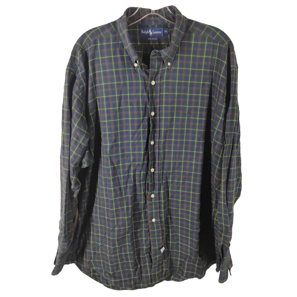 Ralph Lauren Mens XL Navy Green Plaid Button‎ Down Collared Shirt